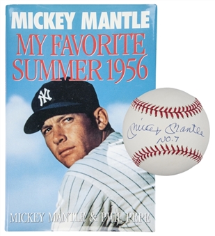 Mickey Mantle Autographed Baseball and "My Favorite Summer 1956" Book Dual Signed By Mickey Mantle and Phil Pepe (PSA/DNA) 
